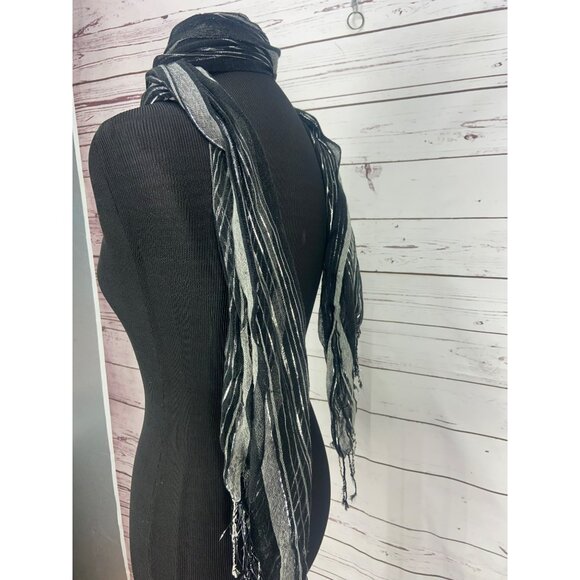 Lightweight Black & Silver Striped Sheer Scarf With Fringe Edge - Picture 3 of 5